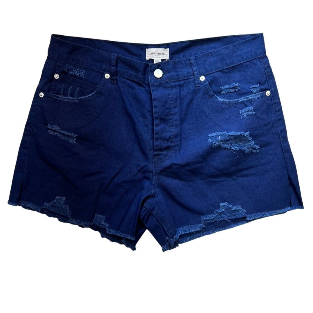NWT Anniewear Womens Jeans Shorts Size XL Blue Distressed Button Fly Casual